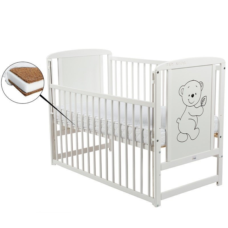 BabyNeeds - Patut din lemn Timmi 120x60 cm cu laterala culisanta Alb + Saltea 12 cm