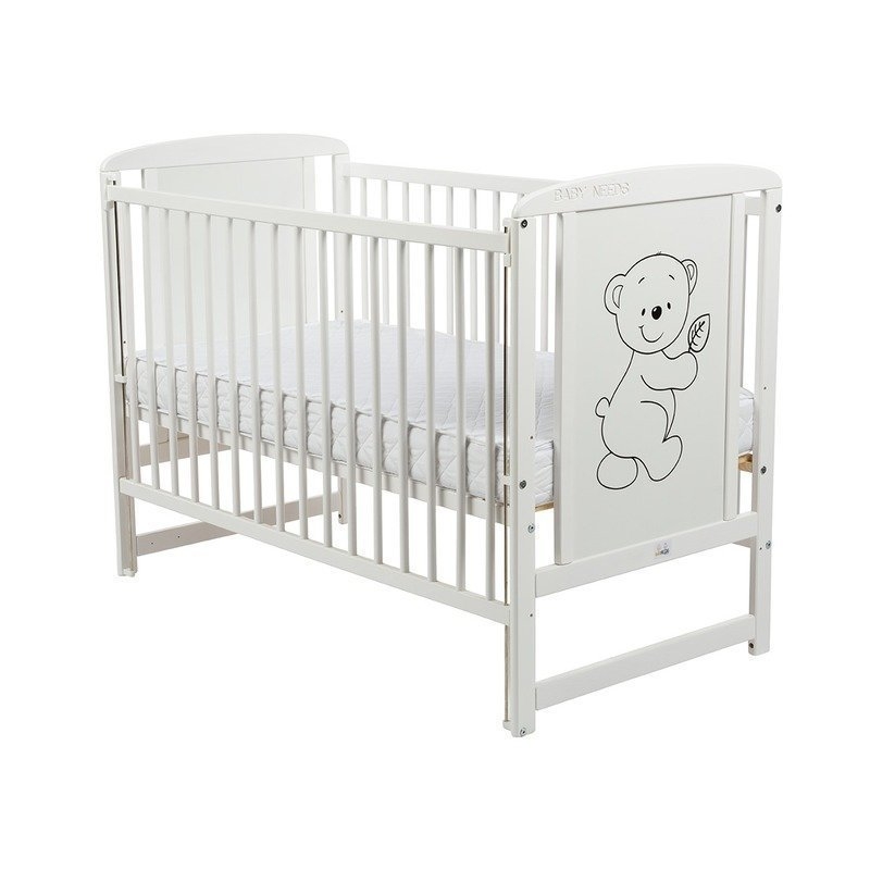 BabyNeeds - Patut din lemn Timmi 120x60 cm cu laterala culisanta Alb + Saltea 12 cm