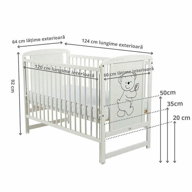 BabyNeeds - Patut din lemn Timmi 120x60 cm cu laterala culisanta Alb + Saltea 8 cm