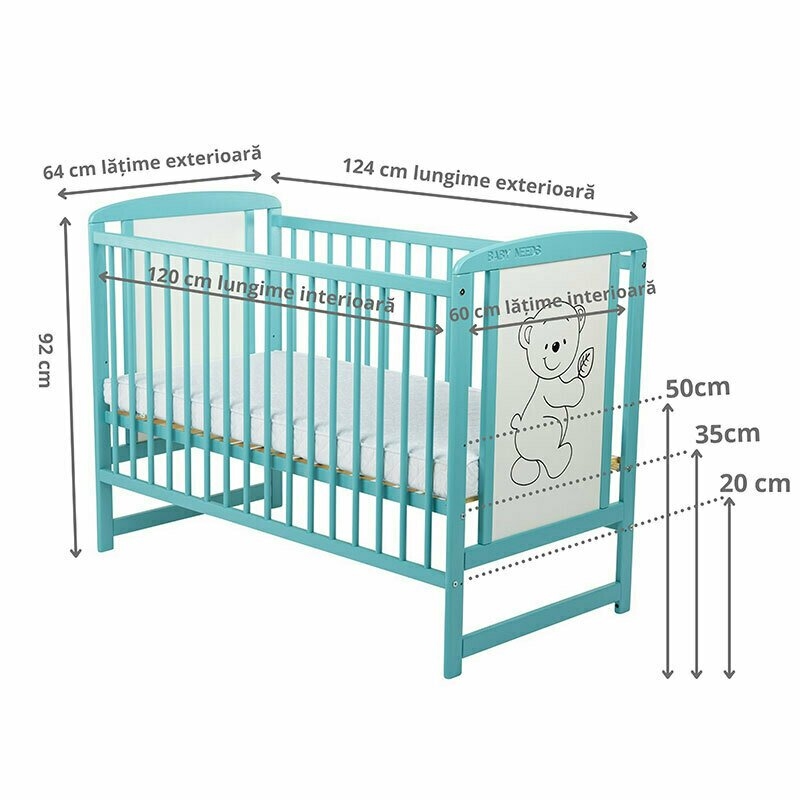 BabyNeeds - Patut din lemn Timmi 120x60 cm cu laterala culisanta Mint + Saltea 10 cm