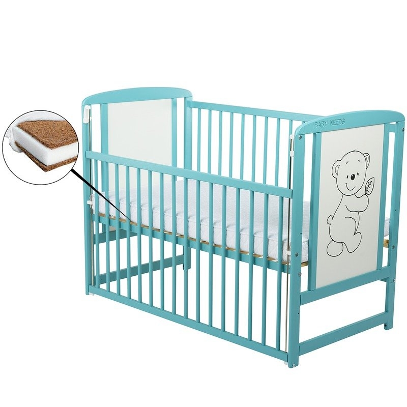 BabyNeeds - Patut din lemn Timmi 120x60 cm cu laterala culisanta Mint + Saltea 10 cm