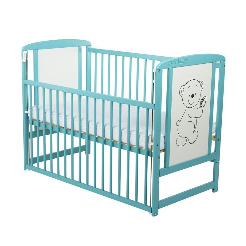 BabyNeeds - Patut din lemn Timmi 120x60 cm cu laterala culisanta Mint + Saltea 10 cm