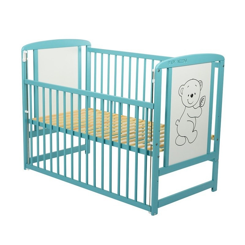 BabyNeeds - Patut din lemn Timmi 120x60 cm cu laterala culisanta Mint + Saltea 10 cm