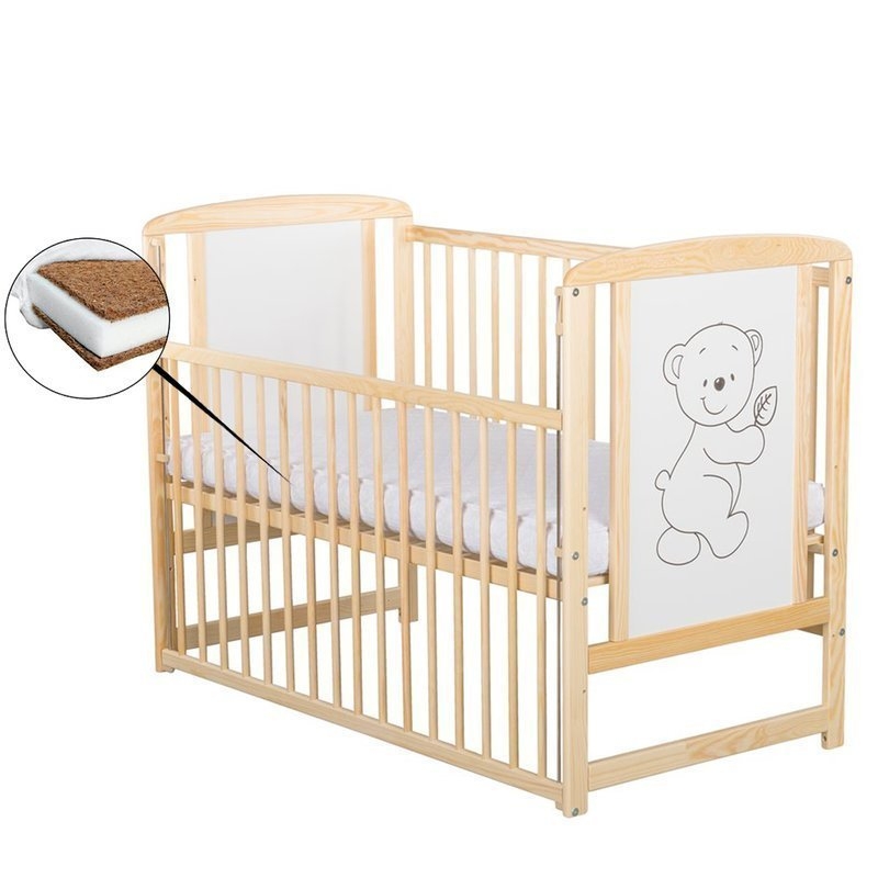 BabyNeeds - Patut din lemn Timmi 120x60 cm cu laterala culisanta Natur + Saltea 8 cm