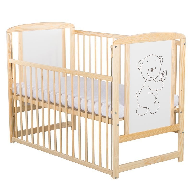 BabyNeeds - Patut din lemn Timmi 120x60 cm cu laterala culisanta Natur + Saltea 8 cm
