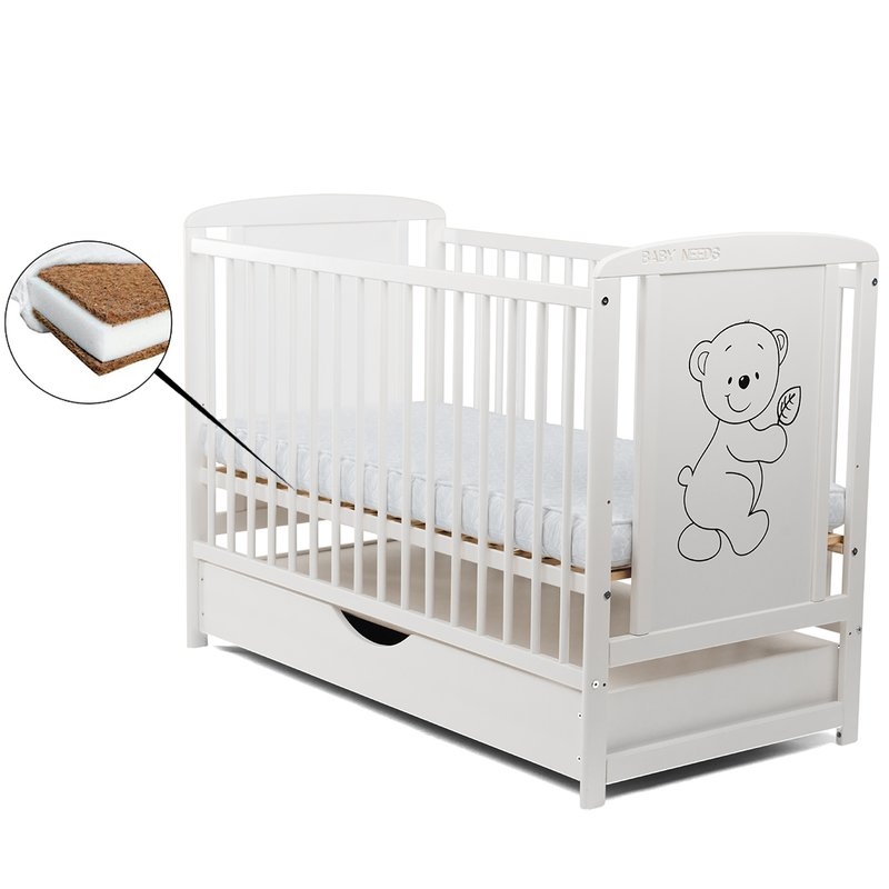 BabyNeeds - Patut din lemn Timmi 120x60 cm cu sertar Alb + Saltea 10 cm