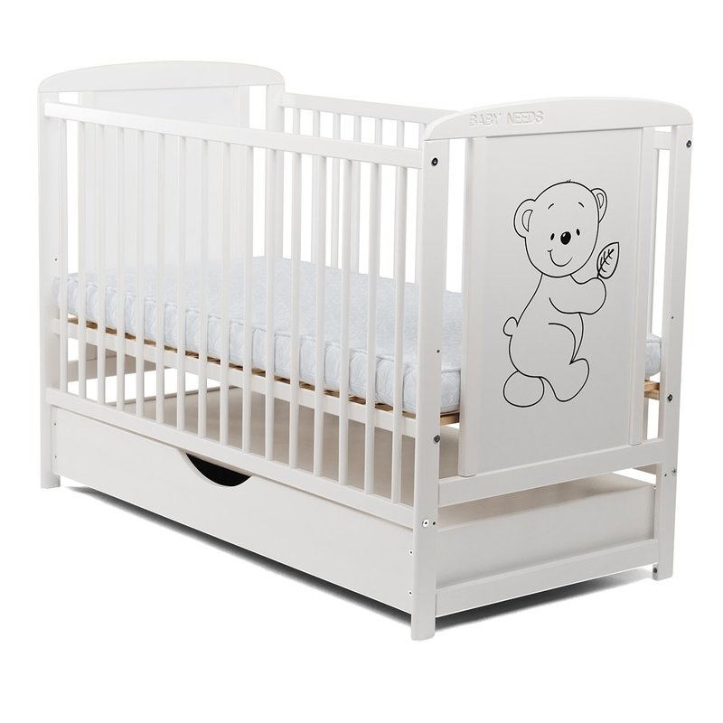 BabyNeeds - Patut din lemn Timmi 120x60 cm cu sertar Alb + Saltea 10 cm