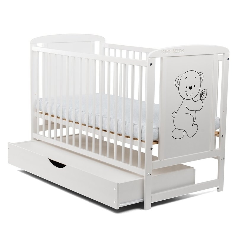 BabyNeeds - Patut din lemn Timmi 120x60 cm cu sertar Alb + Saltea 10 cm