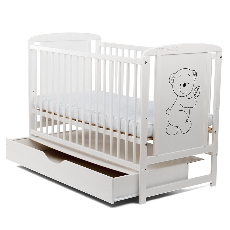 BabyNeeds - Patut din lemn Timmi 120x60 cm cu sertar Alb + Saltea 10 cm