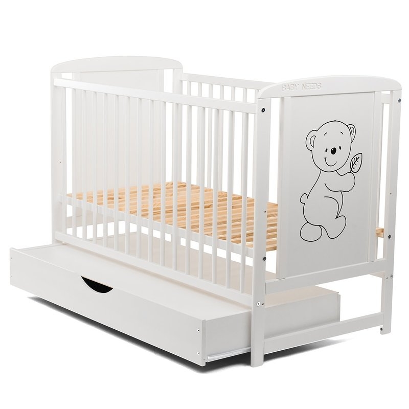 BabyNeeds - Patut din lemn Timmi 120x60 cm cu sertar Alb + Saltea 10 cm