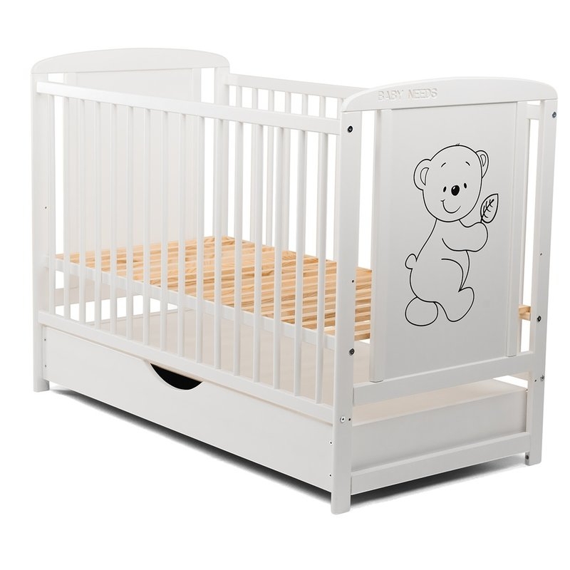 BabyNeeds - Patut din lemn Timmi 120x60 cm cu sertar Alb + Saltea 10 cm