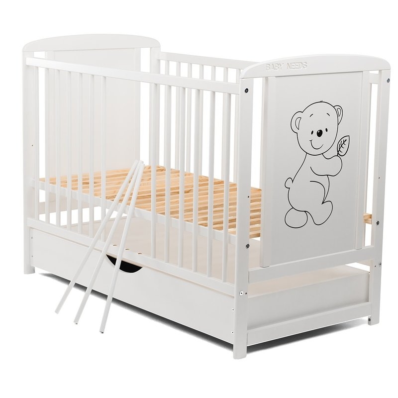 BabyNeeds - Patut din lemn Timmi 120x60 cm cu sertar Alb + Saltea 10 cm