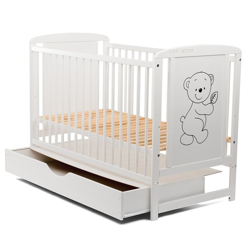 BabyNeeds - Patut din lemn Timmi 120x60 cm cu sertar Alb + Saltea 10 cm
