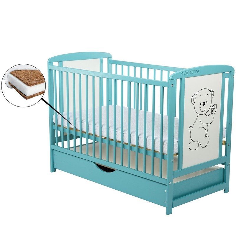 BabyNeeds - Patut din lemn Timmi 120x60 cm cu sertar Mint + Saltea 10 cm