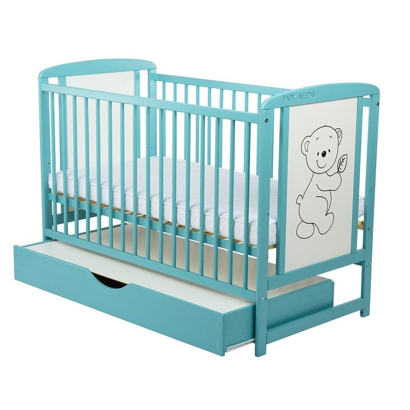 BabyNeeds - Patut din lemn Timmi 120x60 cm cu sertar Mint + Saltea 10 cm