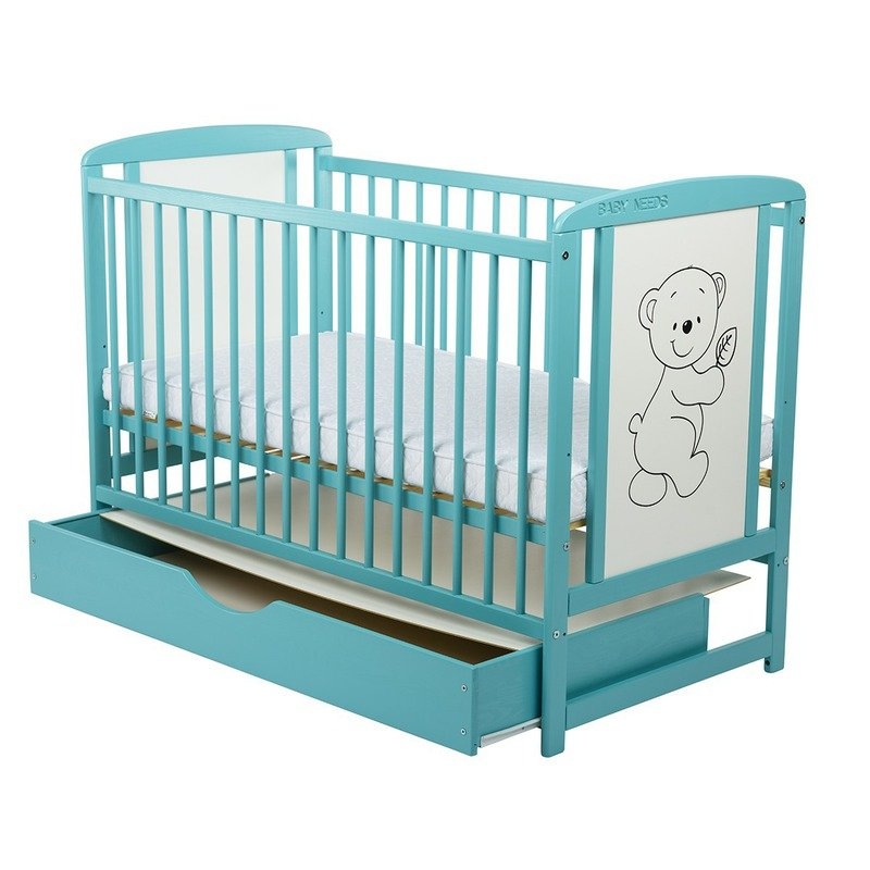 BabyNeeds - Patut din lemn Timmi 120x60 cm cu sertar Mint + Saltea 10 cm