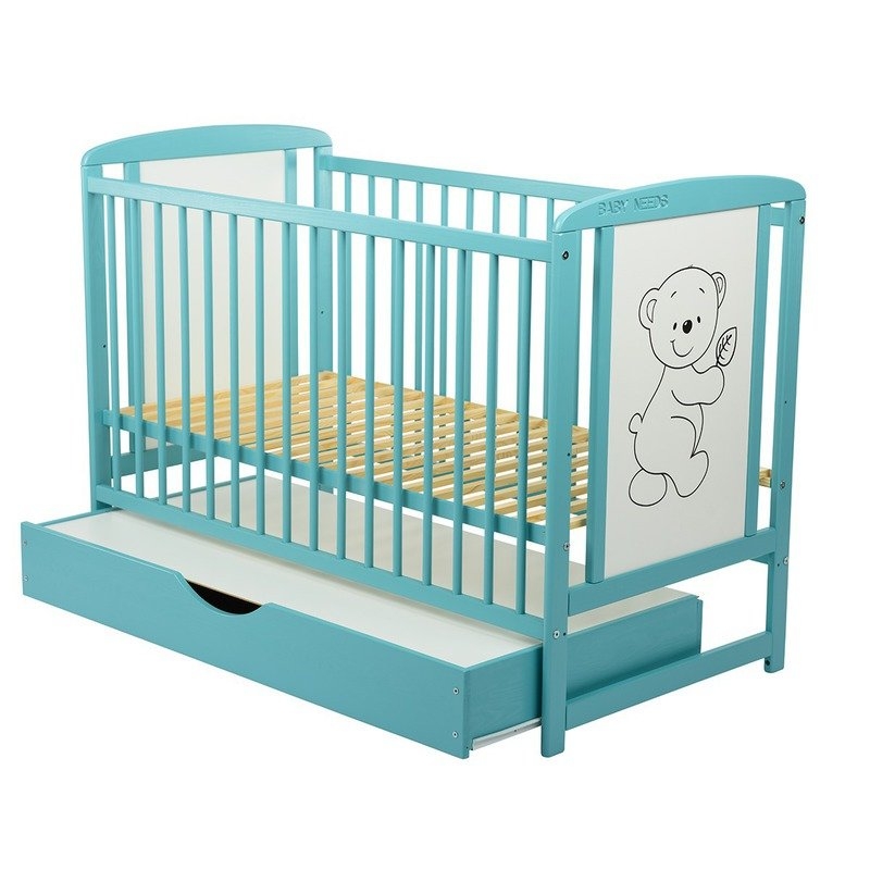 BabyNeeds - Patut din lemn Timmi 120x60 cm cu sertar Mint + Saltea 10 cm