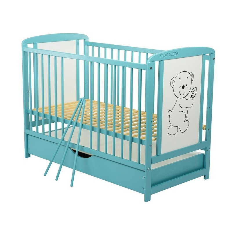 BabyNeeds - Patut din lemn Timmi 120x60 cm cu sertar Mint + Saltea 10 cm