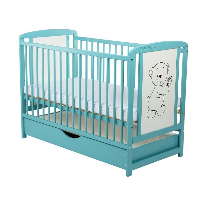 BabyNeeds - Patut din lemn Timmi 120x60 cm cu sertar Mint + Saltea 10 cm