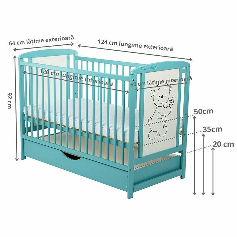 BabyNeeds - Patut din lemn Timmi 120x60 cm cu sertar Mint + Saltea 12 cm