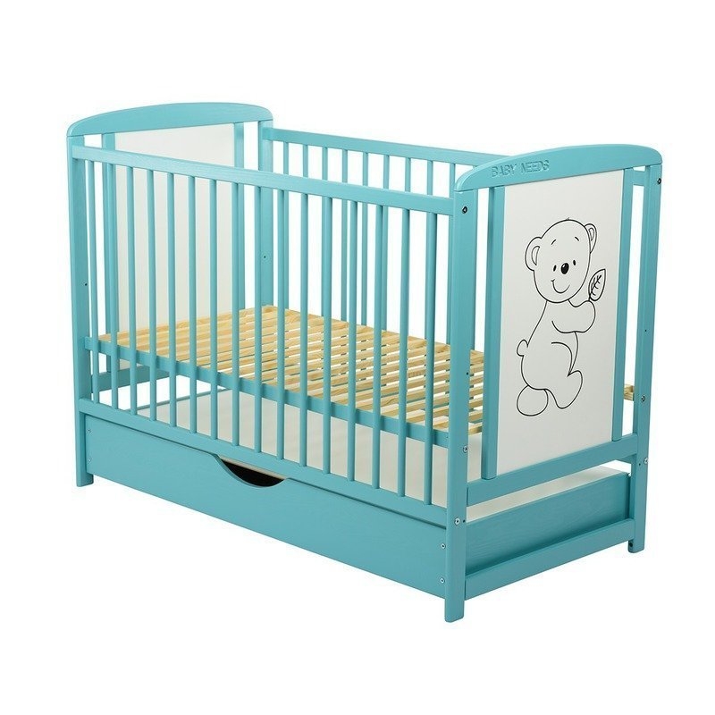 BabyNeeds - Patut din lemn Timmi 120x60 cm cu sertar Mint + Saltea 12 cm
