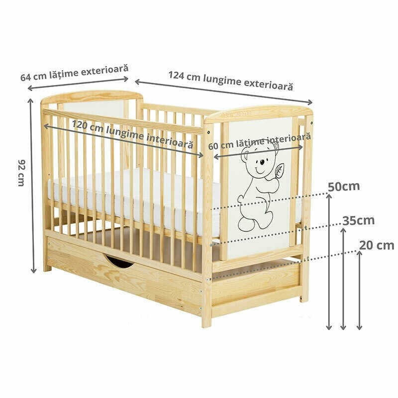 BabyNeeds - Patut din lemn Timmi 120x60 cm cu sertar Natur + Saltea 12 cm