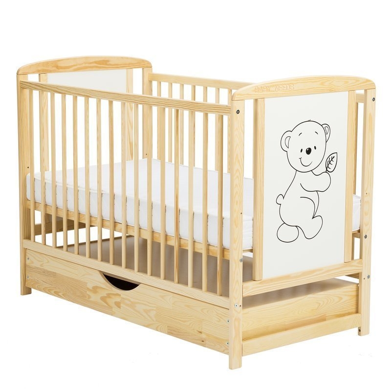 BabyNeeds - Patut din lemn Timmi 120x60 cm cu sertar Natur + Saltea 12 cm