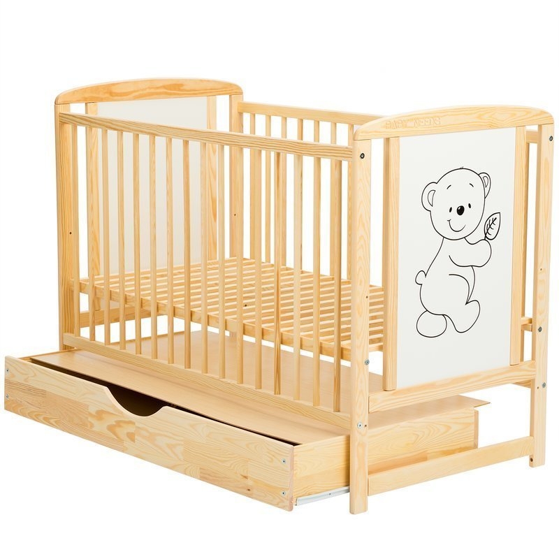 BabyNeeds - Patut din lemn Timmi 120x60 cm cu sertar Natur + Saltea 12 cm