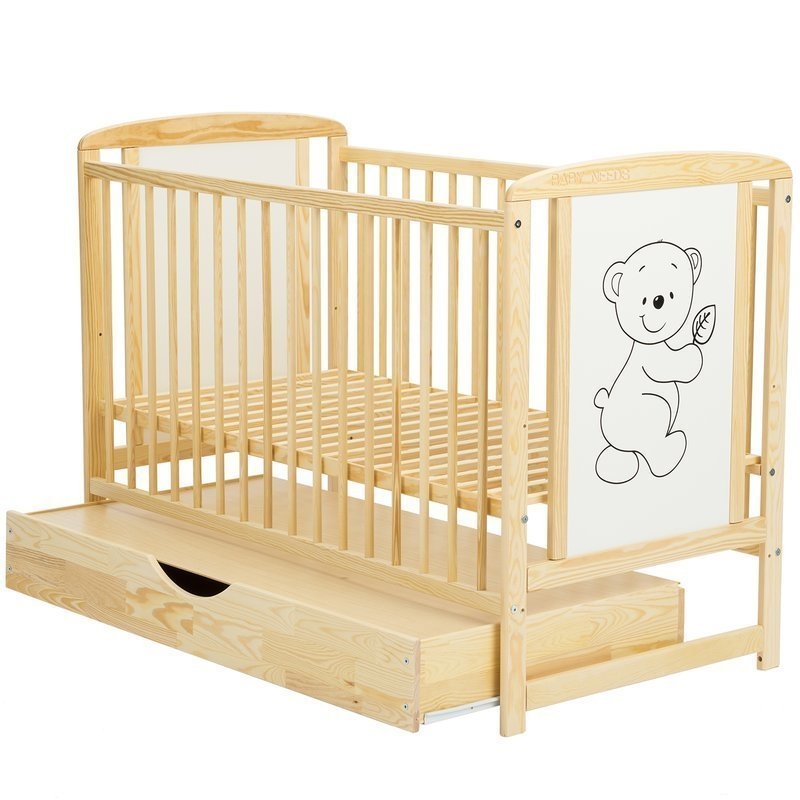 BabyNeeds - Patut din lemn Timmi 120x60 cm cu sertar Natur + Saltea 12 cm