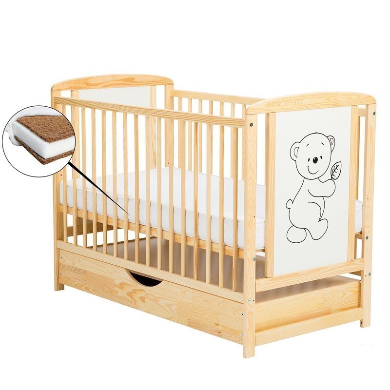 BabyNeeds - Patut din lemn Timmi 120x60 cm cu sertar Natur + Saltea 12 cm