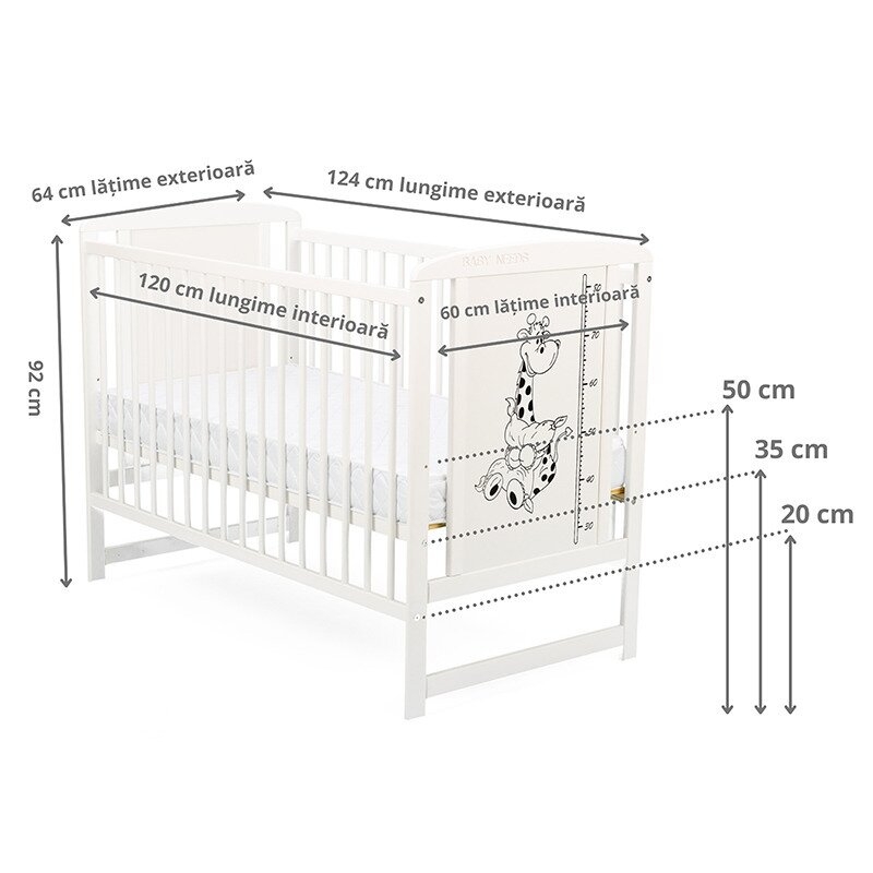 BabyNeeds - Patut din lemn Timmi Girafa 120x60 cm Alb + Saltea 12 cm
