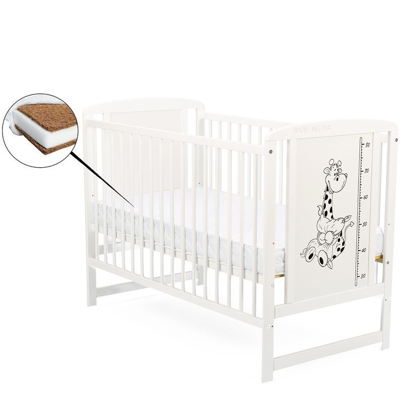 BabyNeeds - Patut din lemn Timmi Girafa 120x60 cm Alb + Saltea 12 cm