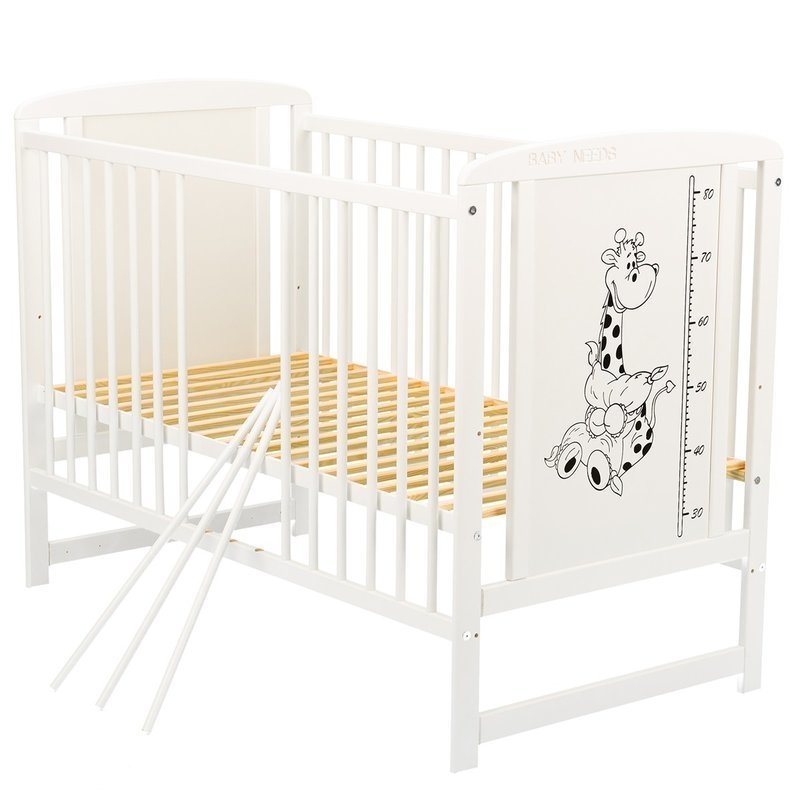 BabyNeeds - Patut din lemn Timmi Girafa 120x60 cm Alb + Saltea 12 cm