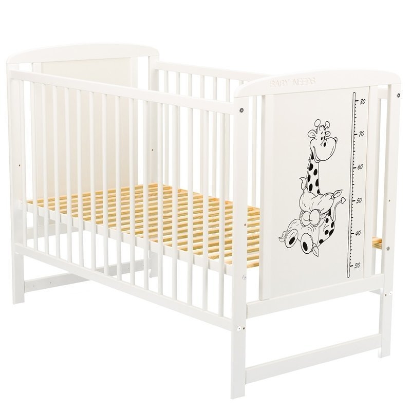 BabyNeeds - Patut din lemn Timmi Girafa 120x60 cm Alb + Saltea 8 cm
