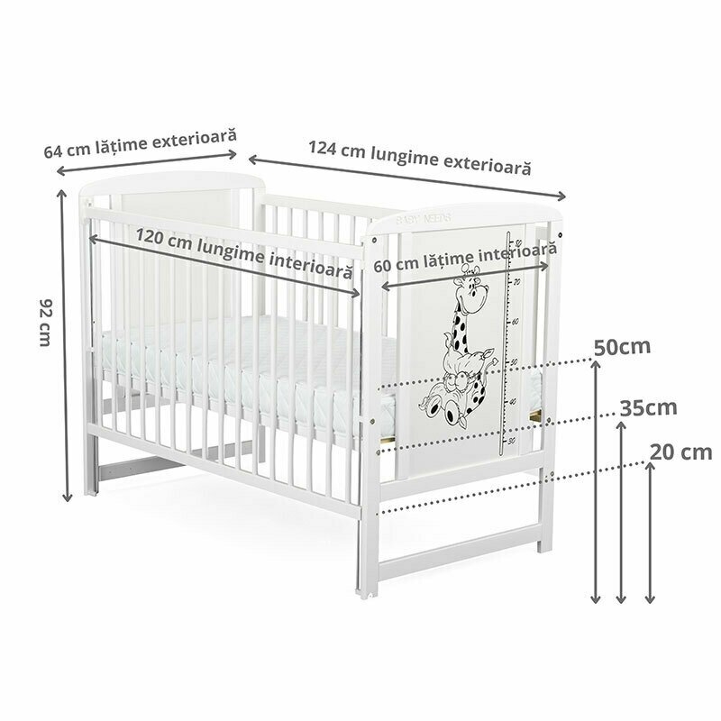BabyNeeds - Patut din lemn Timmi Girafa 120x60 cm cu laterala culisanta Alb + Saltea 10 cm