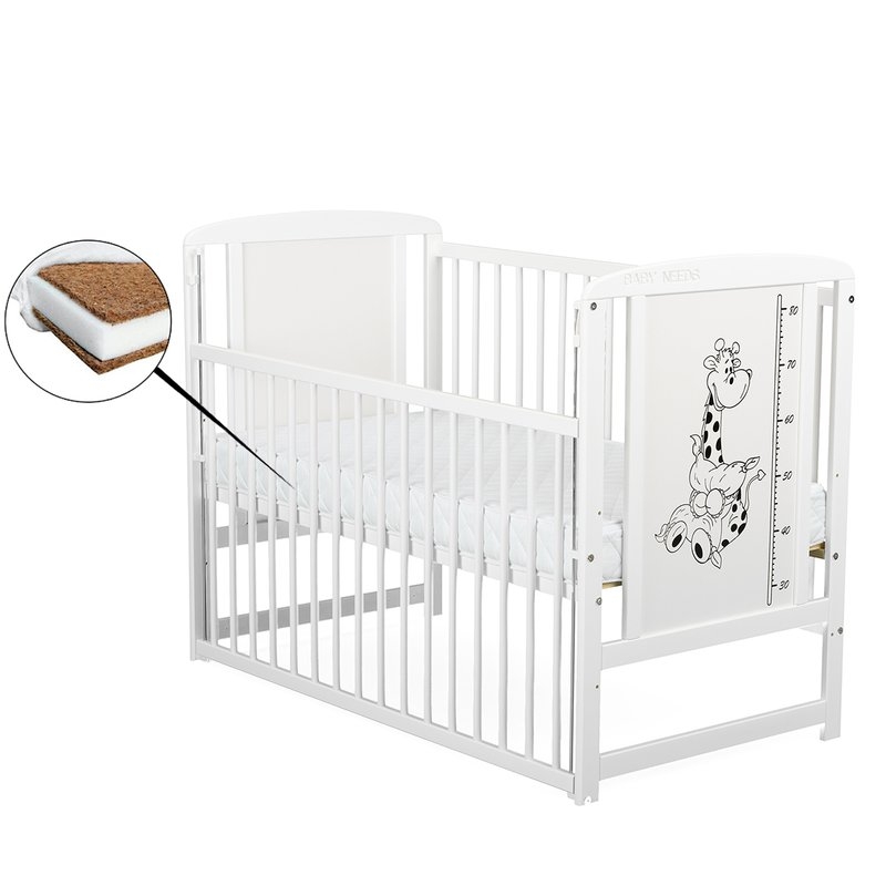 BabyNeeds - Patut din lemn Timmi Girafa 120x60 cm cu laterala culisanta Alb + Saltea 10 cm