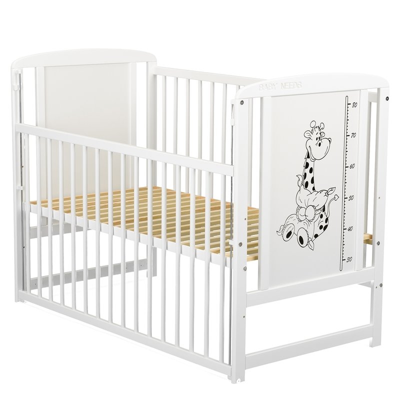 BabyNeeds - Patut din lemn Timmi Girafa 120x60 cm cu laterala culisanta Alb + Saltea 10 cm