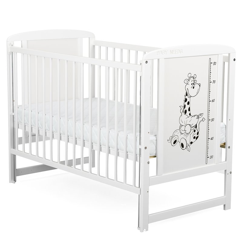 BabyNeeds - Patut din lemn Timmi Girafa 120x60 cm cu laterala culisanta Alb + Saltea 10 cm