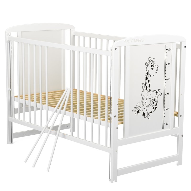 BabyNeeds - Patut din lemn Timmi Girafa 120x60 cm cu laterala culisanta Alb + Saltea 10 cm