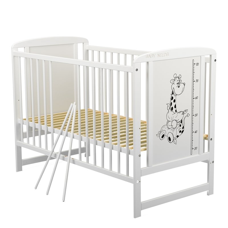 BabyNeeds - Patut din lemn Timmi Girafa 120x60 cm cu laterala culisanta Alb + Saltea 10 cm