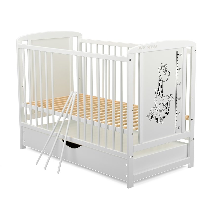 BabyNeeds - Patut din lemn Timmi Girafa 120x60 cm cu sertar Alb + Saltea 10 cm