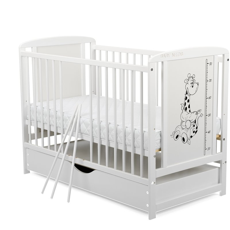 BabyNeeds - Patut din lemn Timmi Girafa 120x60 cm cu sertar Alb + Saltea 10 cm