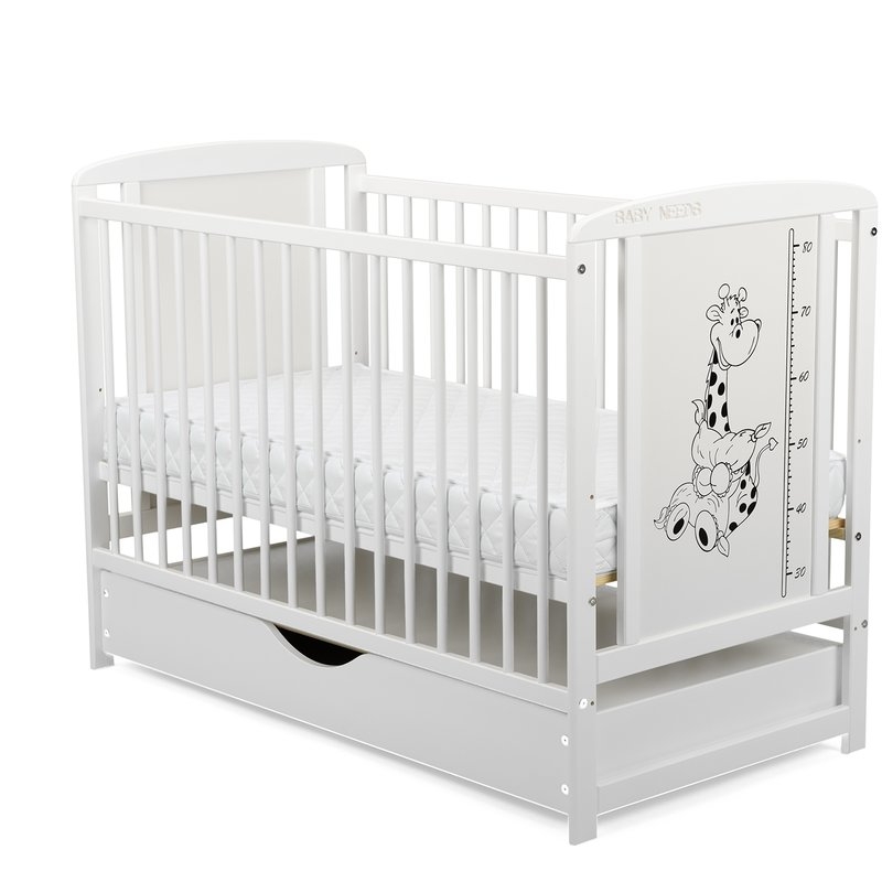 BabyNeeds - Patut din lemn Timmi Girafa 120x60 cm cu sertar Alb + Saltea 10 cm