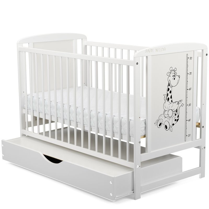 BabyNeeds - Patut din lemn Timmi Girafa 120x60 cm cu sertar Alb + Saltea 10 cm