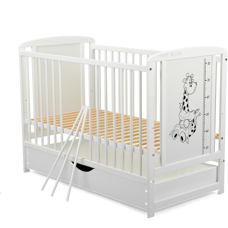 BabyNeeds - Patut din lemn Timmi Girafa 120x60 cm cu sertar Alb + Saltea 12 cm
