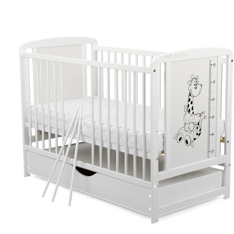 BabyNeeds - Patut din lemn Timmi Girafa 120x60 cm cu sertar Alb + Saltea 12 cm