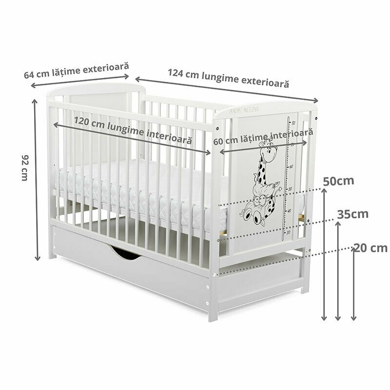 BabyNeeds - Patut din lemn Timmi Girafa 120x60 cm cu sertar Alb + Saltea 8 cm