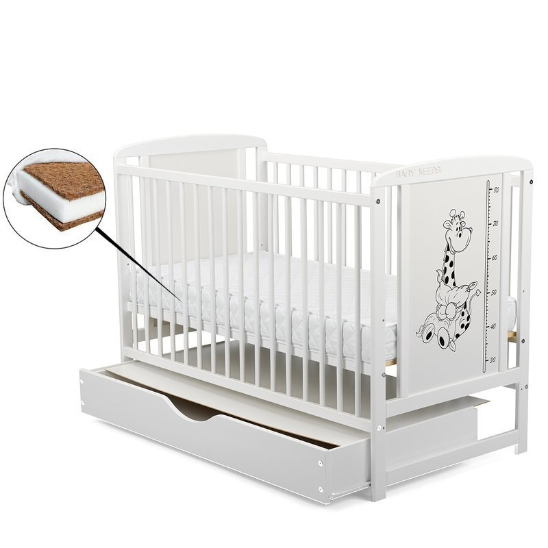 BabyNeeds - Patut din lemn Timmi Girafa 120x60 cm cu sertar Alb + Saltea 8 cm