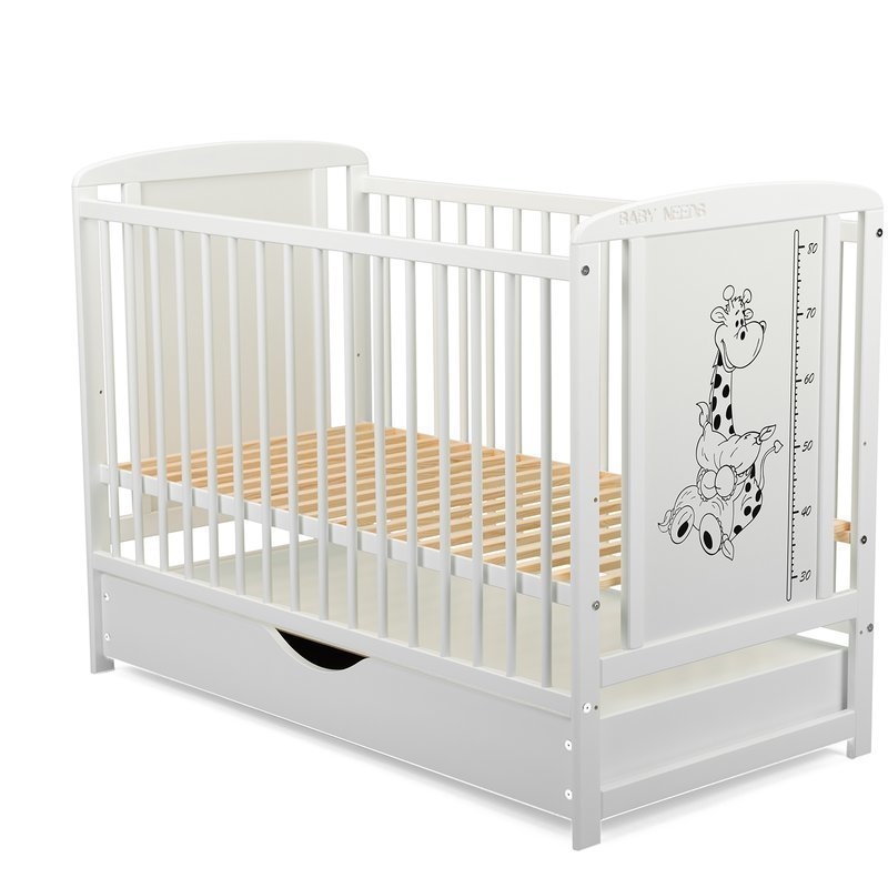 BabyNeeds - Patut din lemn Timmi Girafa 120x60 cm cu sertar Alb + Saltea 8 cm