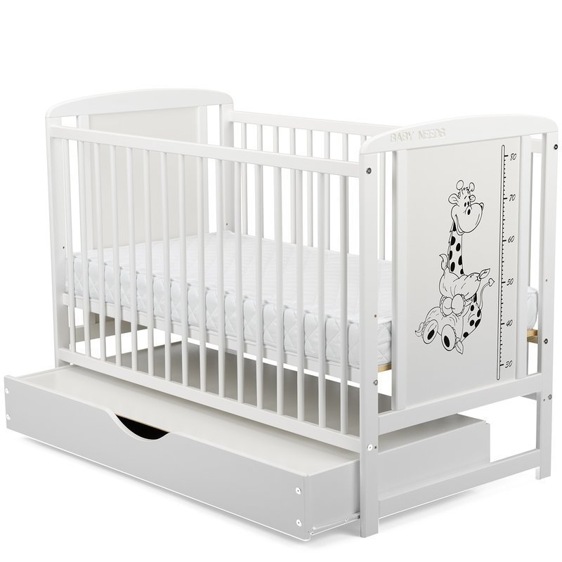BabyNeeds - Patut din lemn Timmi Girafa 120x60 cm cu sertar Alb + Saltea 8 cm